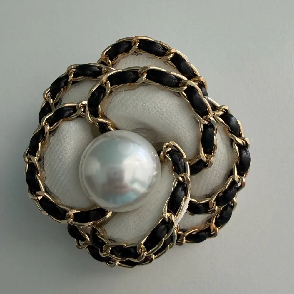 Faux Pearl Camellia Flower Brooch with Black and Gold Trim